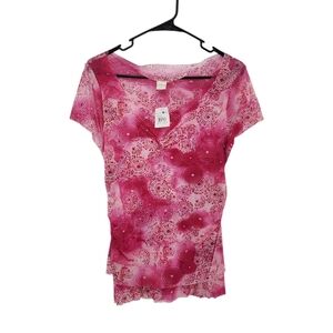 Sweet Pea Women's Mesh Nylon Y2K Short Sleeves Layered Fitted Top - 1X